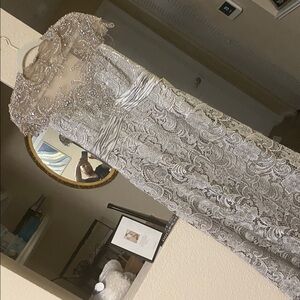 Mac Duggal Silver Lace and Satin V-Neck Evening Gown